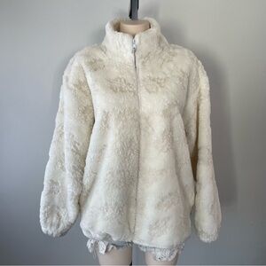 Vintage A&K Designs Faux Fur Plush Teddy Jacket 80s 90s Winter White Leaf Print